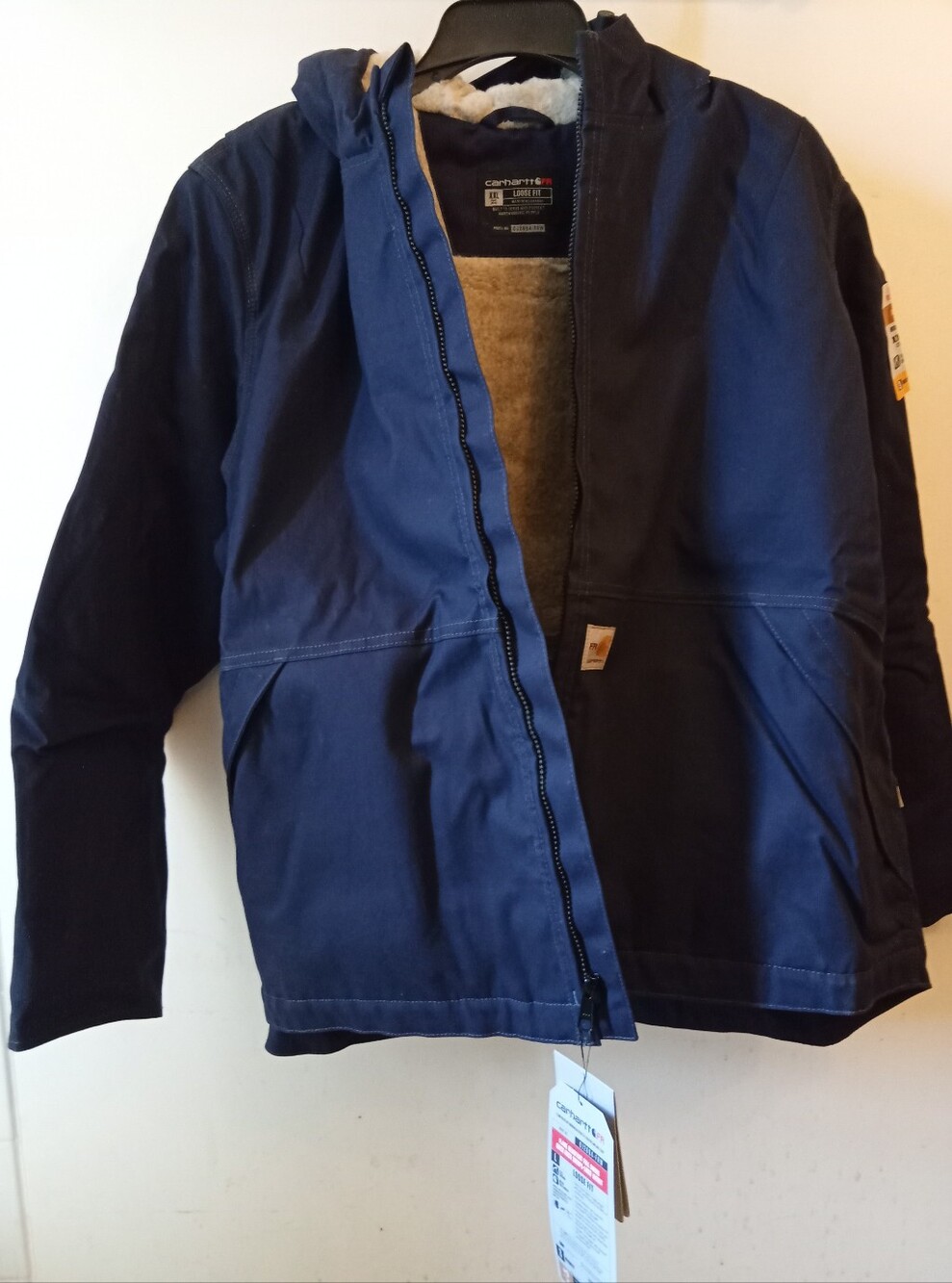 Carhartt Navy Blue Jacket with Gray Sherpa Lining Flame Resistant Full Swing XXL